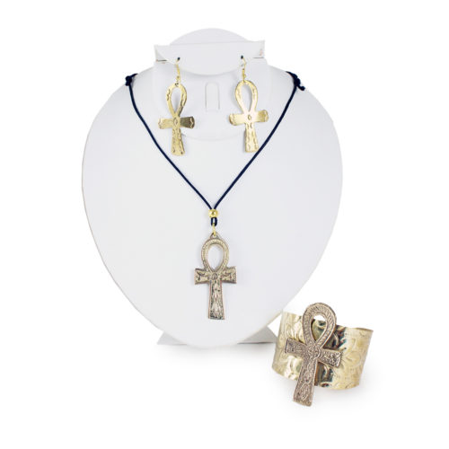 Gold Ankh Bracelet Necklace and Earring set